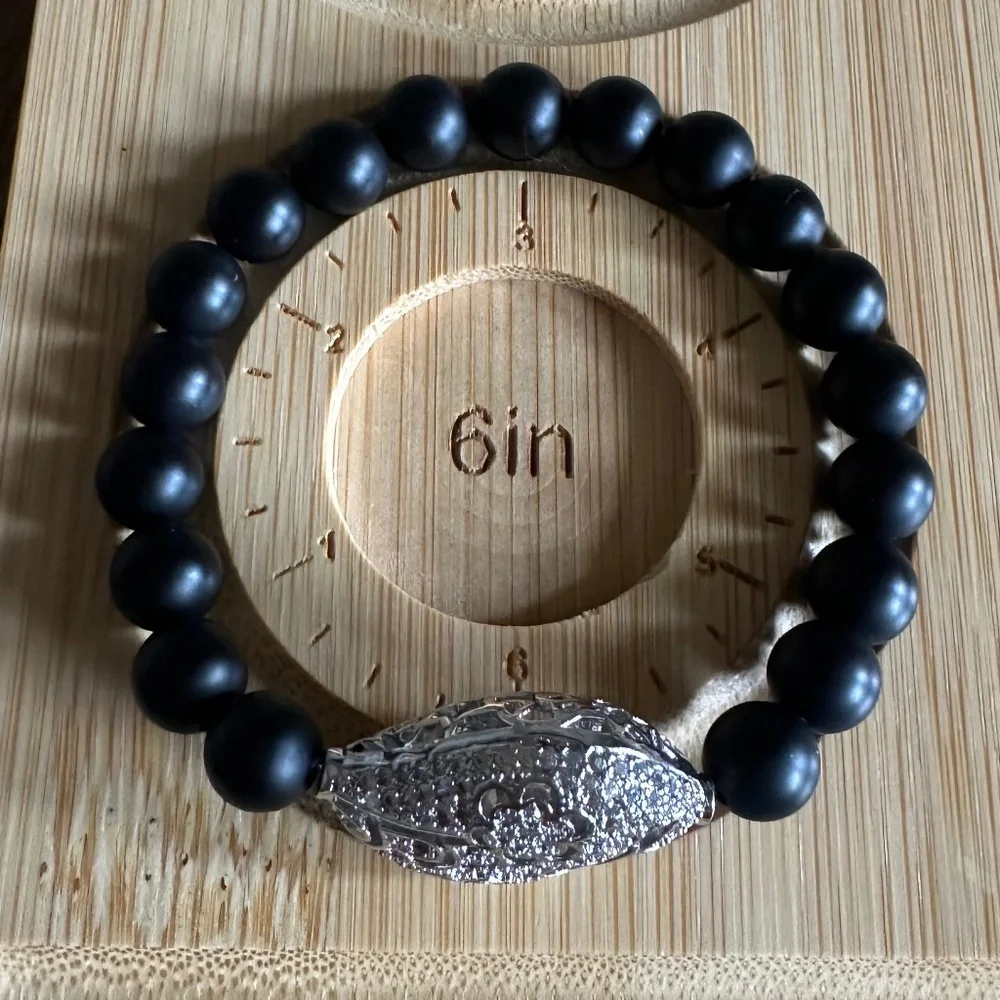Matte 8mm Onyx Stretch Bracelet w/ Silver Pave Crystal Filigree Spacer